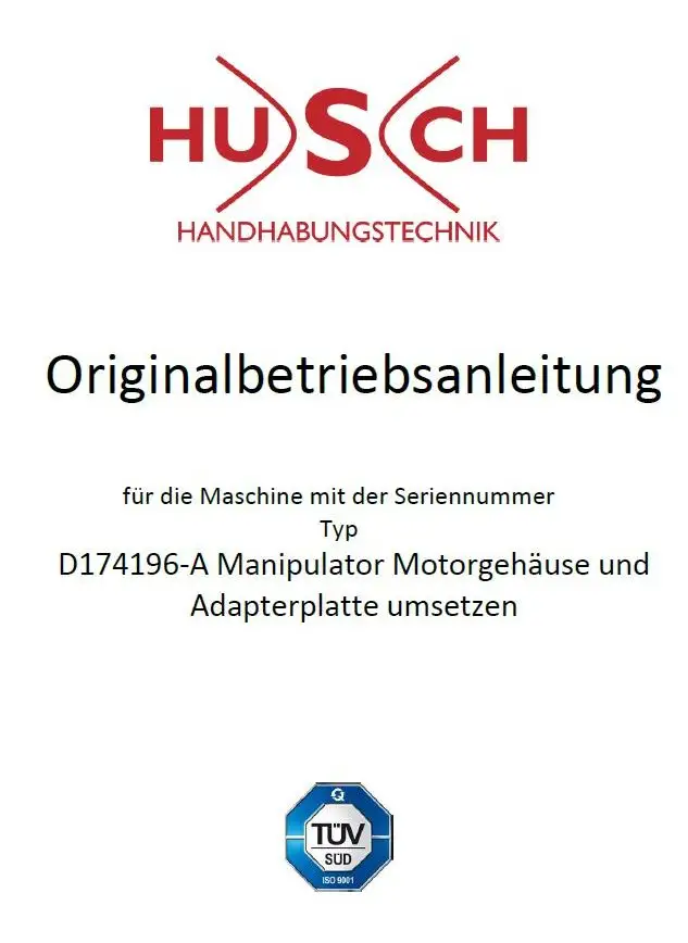 Deckblatt der Betriebsanleitung eines Manipulators für Motorgehäuse und Adapterplatte von HUSCH Handhabungstechnik