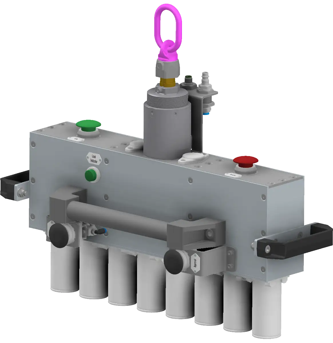 Eine Lastaufnahmemittel mit Bedienelementen und Magnetgreifern zur Aufnahme von Batteriezellen