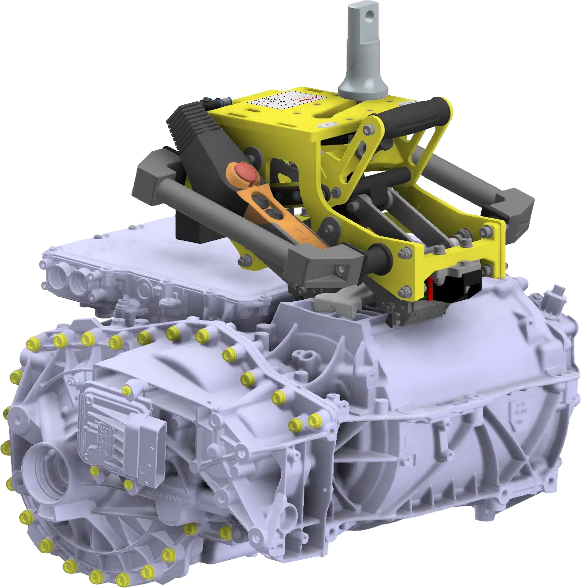 Eine Lastaufnahmemittel mit Bedienelementen und einer manuell betätigten Greifmechanik zur Aufnahme eines Elektromotors