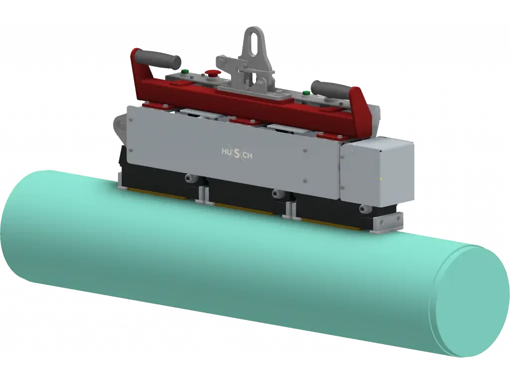 Ein Lastaufnahmemittel mit Bedienelementen und Magnetgreifern zur Aufnahme von dünnwandigen Rohren