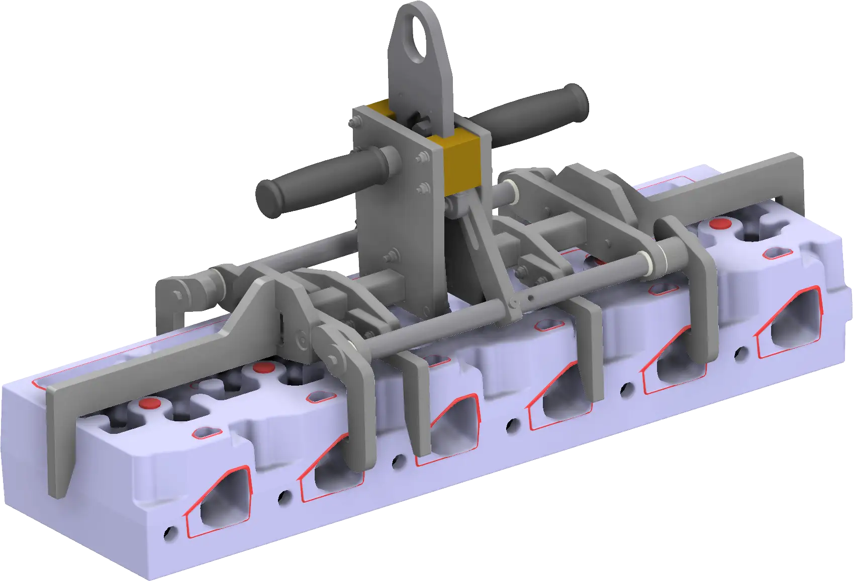Ein Lastaufnahmemittel mit Bedienelementen und einer automatisch betätigten Greifmechanik zur Aufnahme von Zylinderköpfen