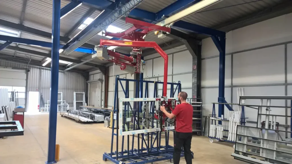 Ein Foto eines roten Knickarm Manipulators im Schienensystem mit dem ein Fensterelement vorm Glasgestell aufgenommen wird.