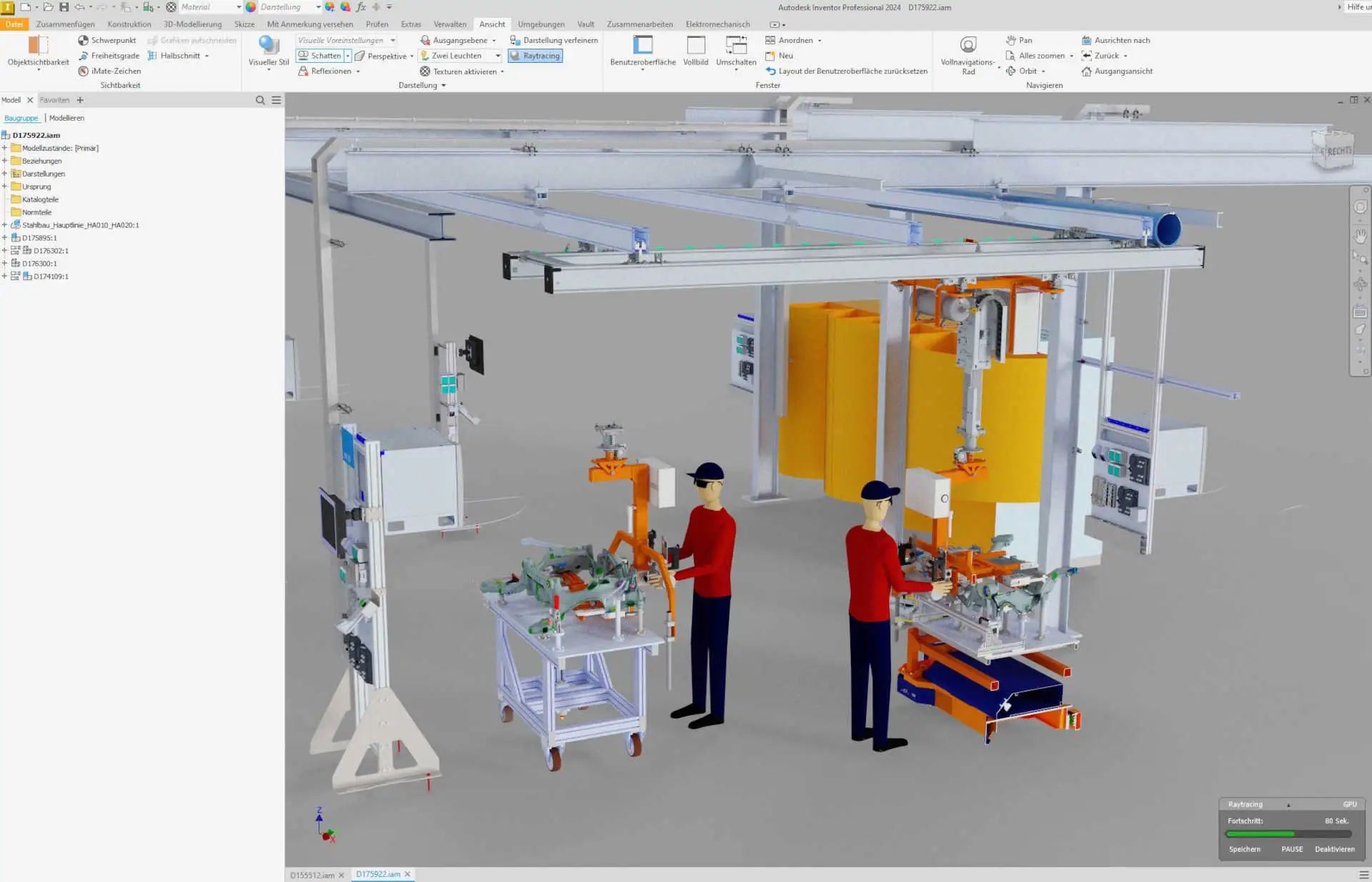Screenshot aus einem CAD Programm mit einem Arbeitsplatz für die Achsfertigung mit einem Manipulator von HUSCH
