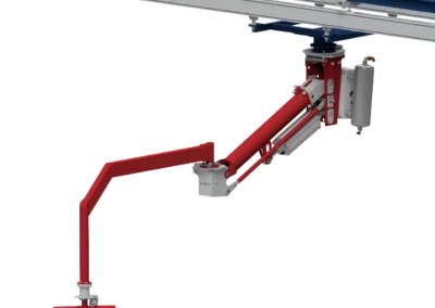 Ein Screenshot eines roten Knickarm Manipulators in einer Kranbahn welche am Stahlbau befestigt ist.