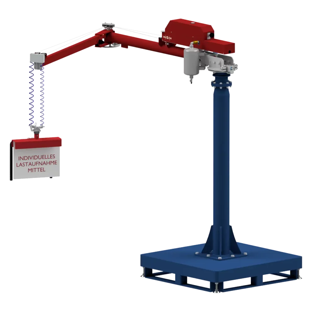 Ein Screenshot eines roten Seilzug Knickarm Manipulators mit Standsäule auf einer mobilen Bodenplattein blau