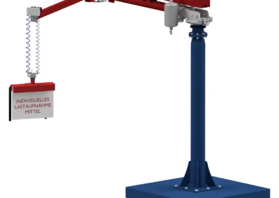 Ein Screenshot eines roten Seilzug Knickarm Manipulators mit Standsäule auf einer mobilen Bodenplattein blau