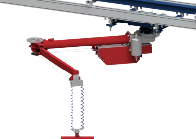 Ein Screenshot eines roten Seilzug Knickarm Manipulators in einer Kranbahn welche am Stahlbau befestigt ist.