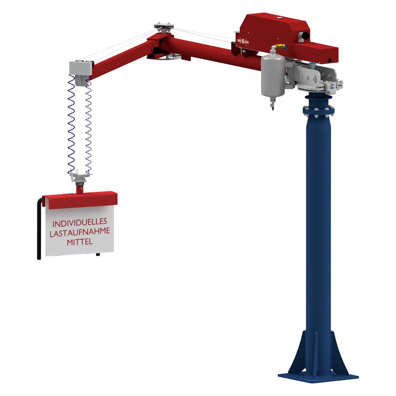 Ein Screenshot eines roten Seilzug Knickarm Manipulators mit einer Standsäule zur Bodenbefestigung in blau