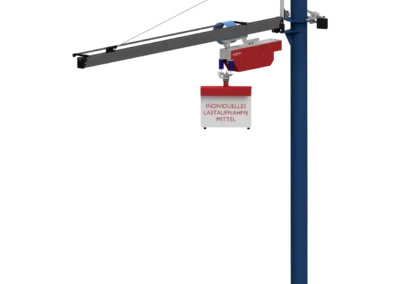 Ein Screenshot eines roten Seilzug Knickarm Manipulators mit einer Standsäule zur Bodenbefestigung in blau