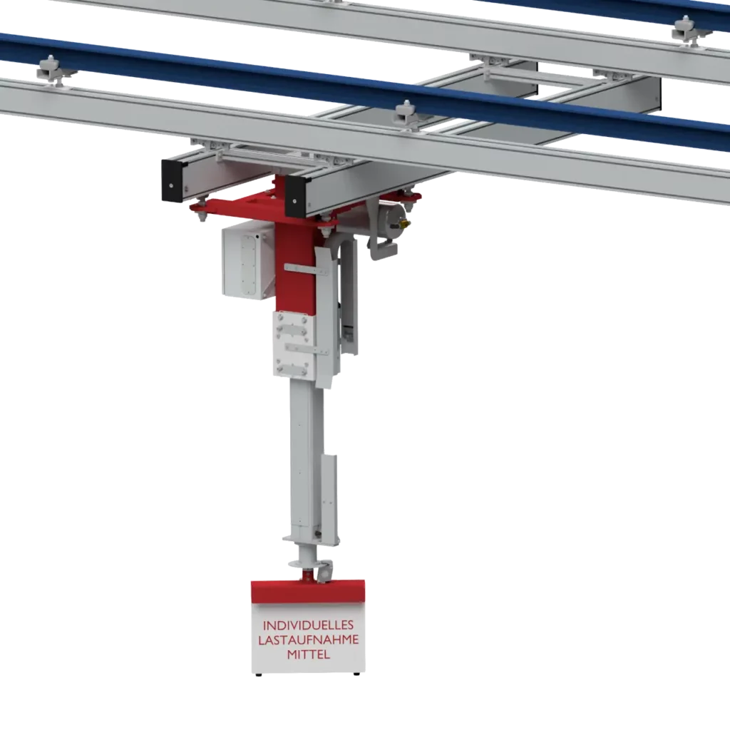 Ein Screenshot eines roten Hubsäulen Manipulators in einem Leichtkransystem welches am Stahlbau befestigt ist.