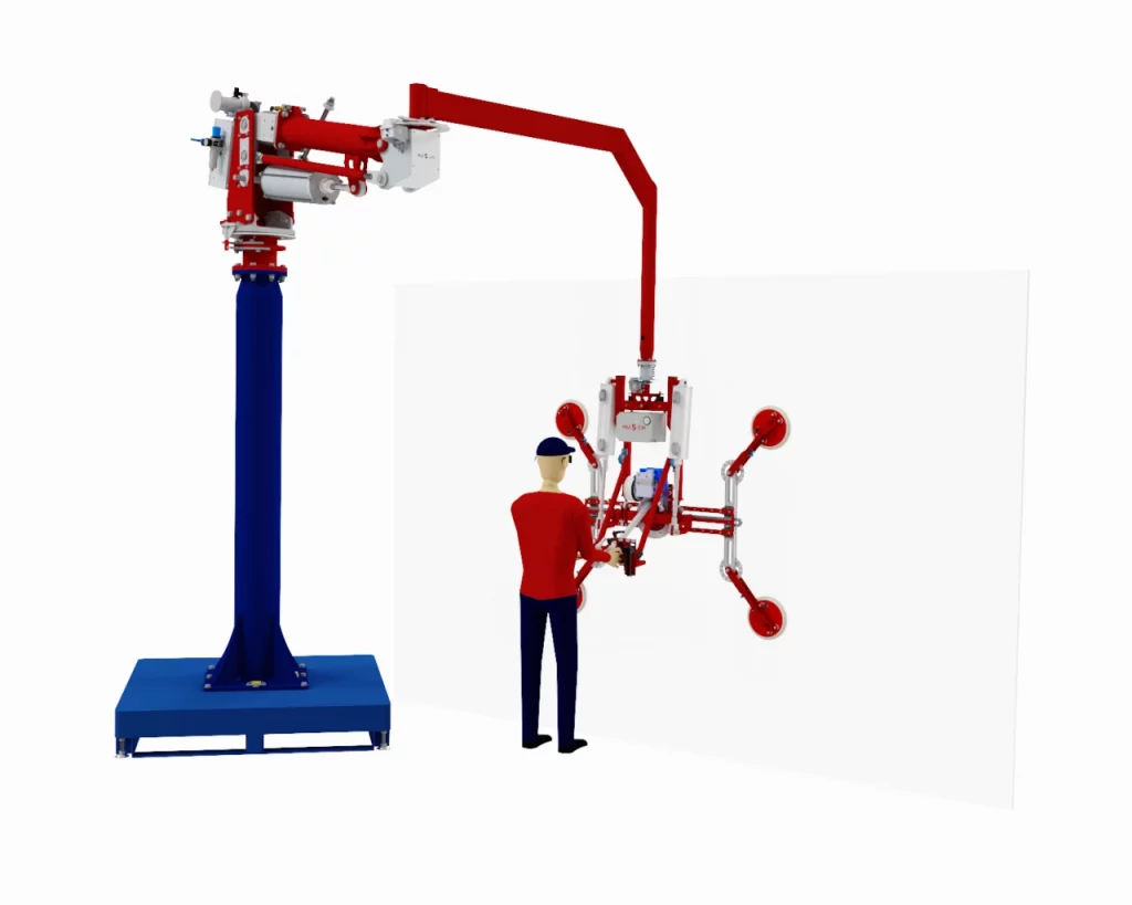 PARALLEL manipulator for glass panes 250kg Ein roter Knickarm Manipulator mit einer Aufnahmevorrichtung und Sauggreifern für Glasscheiben