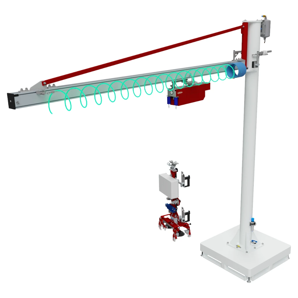 Ein Schreenshot eines Schwenkauslegers mit einem HUSCH Seil Manipulator und einer Aufnahmevorrichtung für verschiedene Bauteile