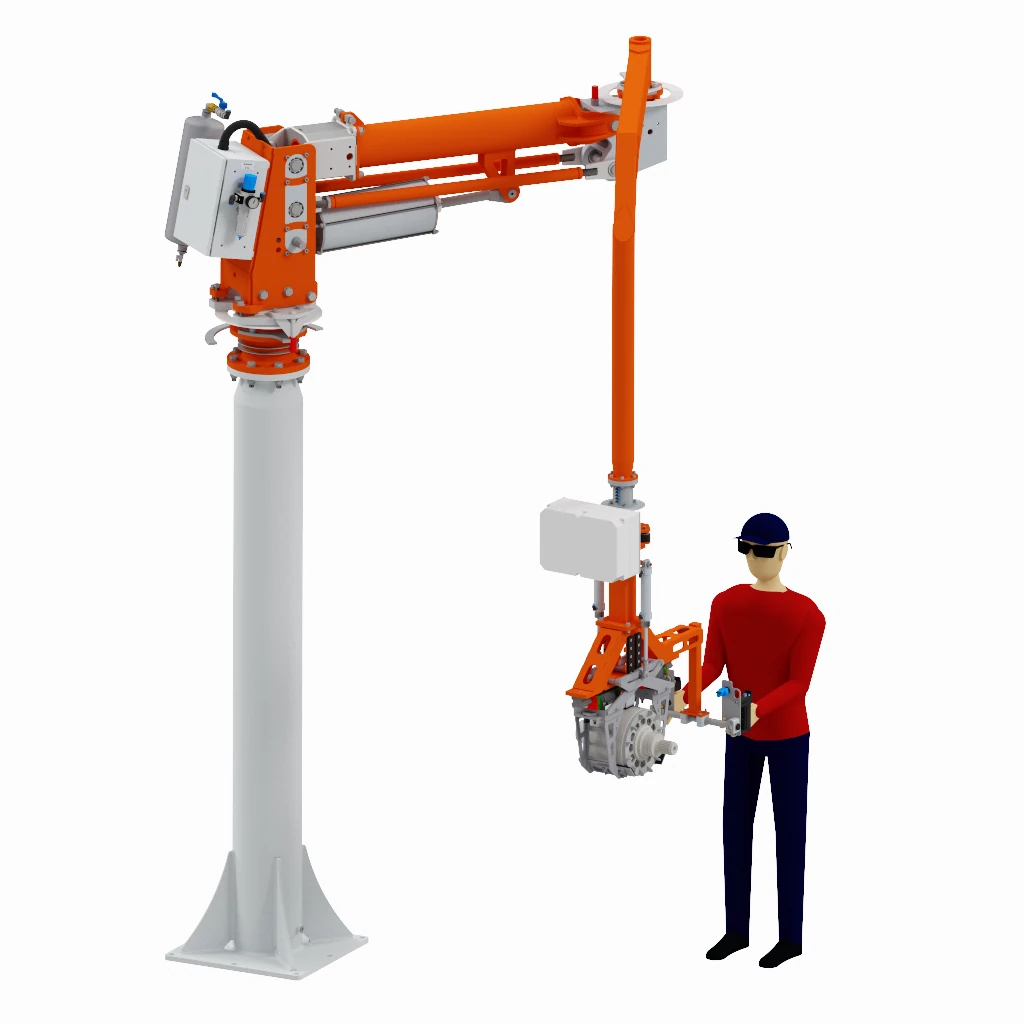 Ein orangener Knickarm Manipulator mit einer Greifvorrichtung zum Aufnehmen von Rotoren eines Elektromotors