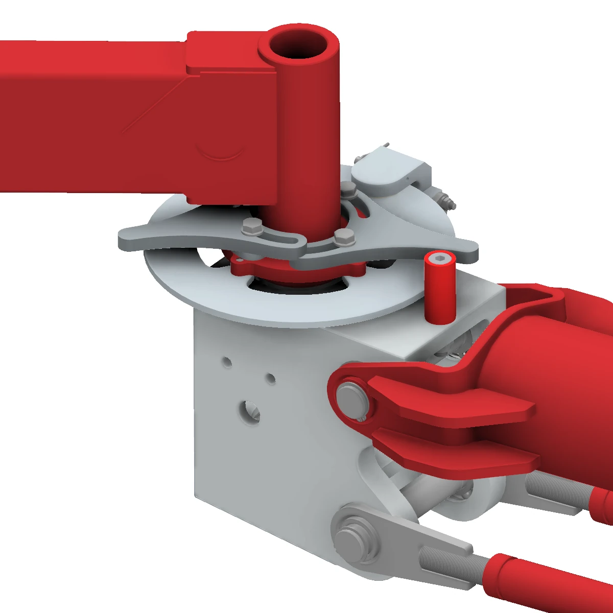 Ein Screenshot aus dem CAD welcher Drehanschläge am Mittelgelenk eines roten PARALLEL Manipulators zeigt.