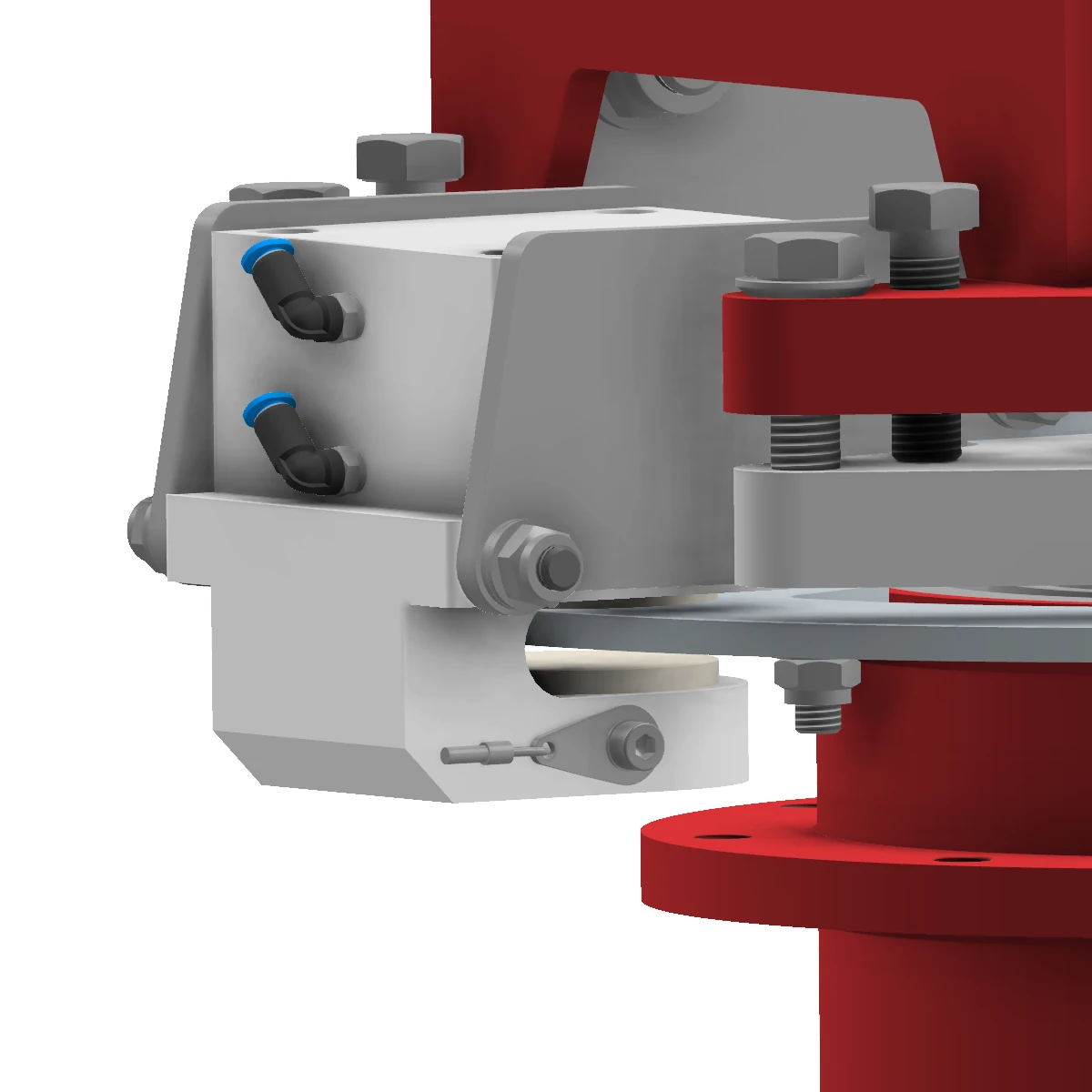 Ein Screenshot aus dem CAD welcher eine pneumatische Bremse mit Gegenbacke und Bremsscheibe an einem PARALLEL Manipulator zeigt.