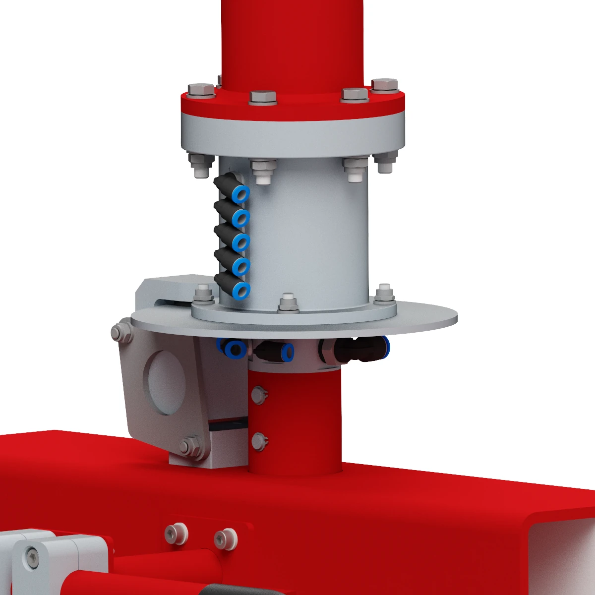Ein Screenshot aus dem CAD welcher ein Drehlager mit Pneumatikanschlüssen an einem HUSCH PARALLEL Manipulator zeigt