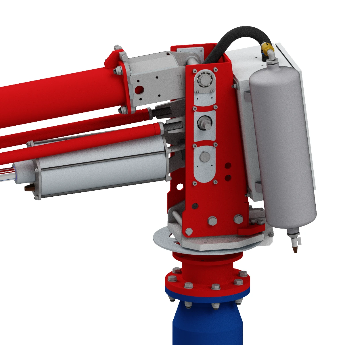 Ein Screenshot aus dem CAD welcher die rote Hubeinheit eines HUSCH Parallel Manipulators zeigt