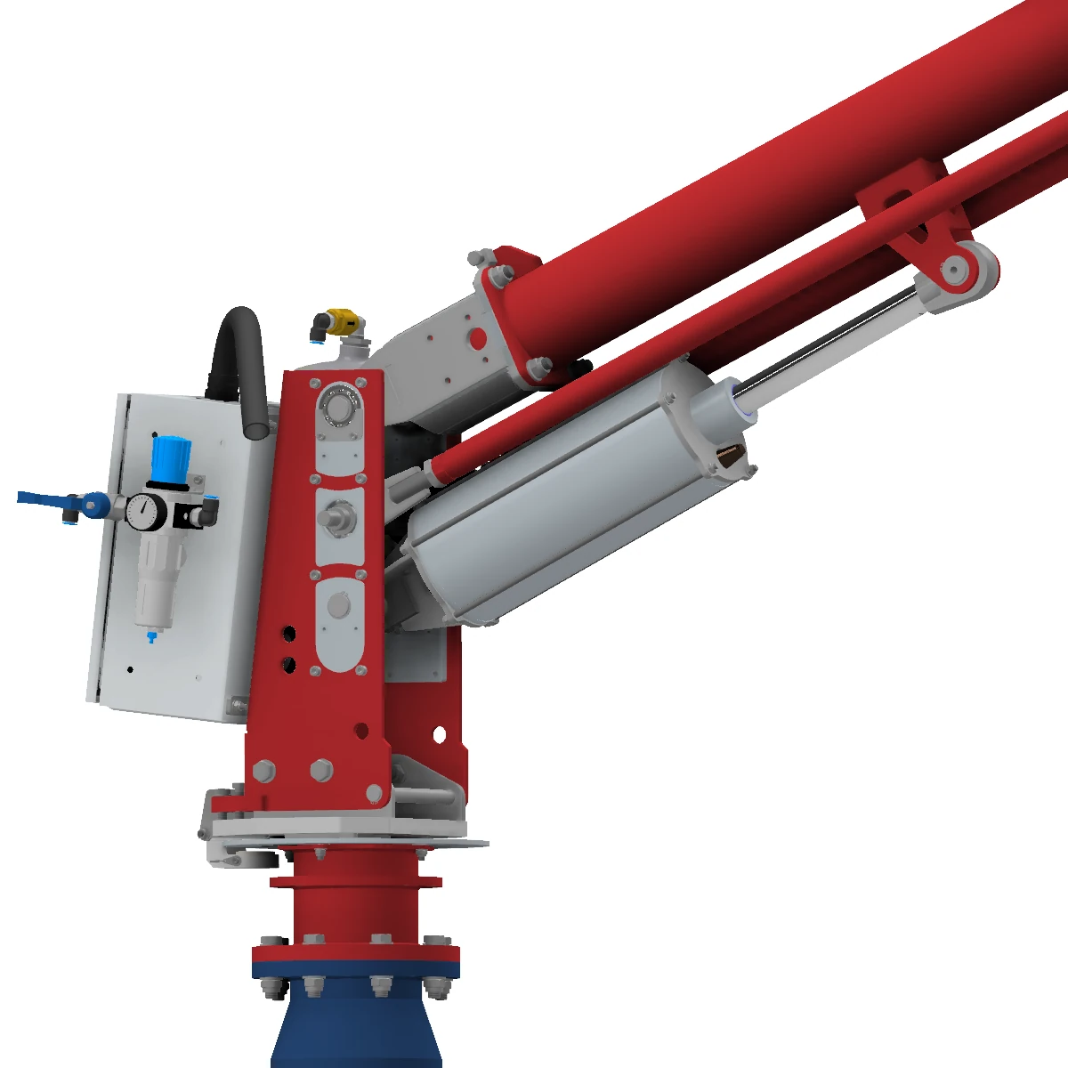 Ein Screenshot aus dem CAD welcher eine Hubeinheit mit pneumatischem Zylinder eines roten PARALLEL Manipulators zeigt.