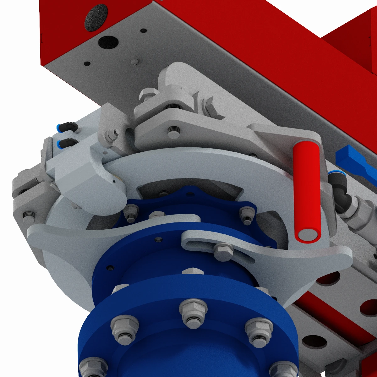 Ein Screenshot aus dem CAD welcher Drehanschläge an der Hauptdrehachse eines roten PARALLEL Manipulators zeigt.