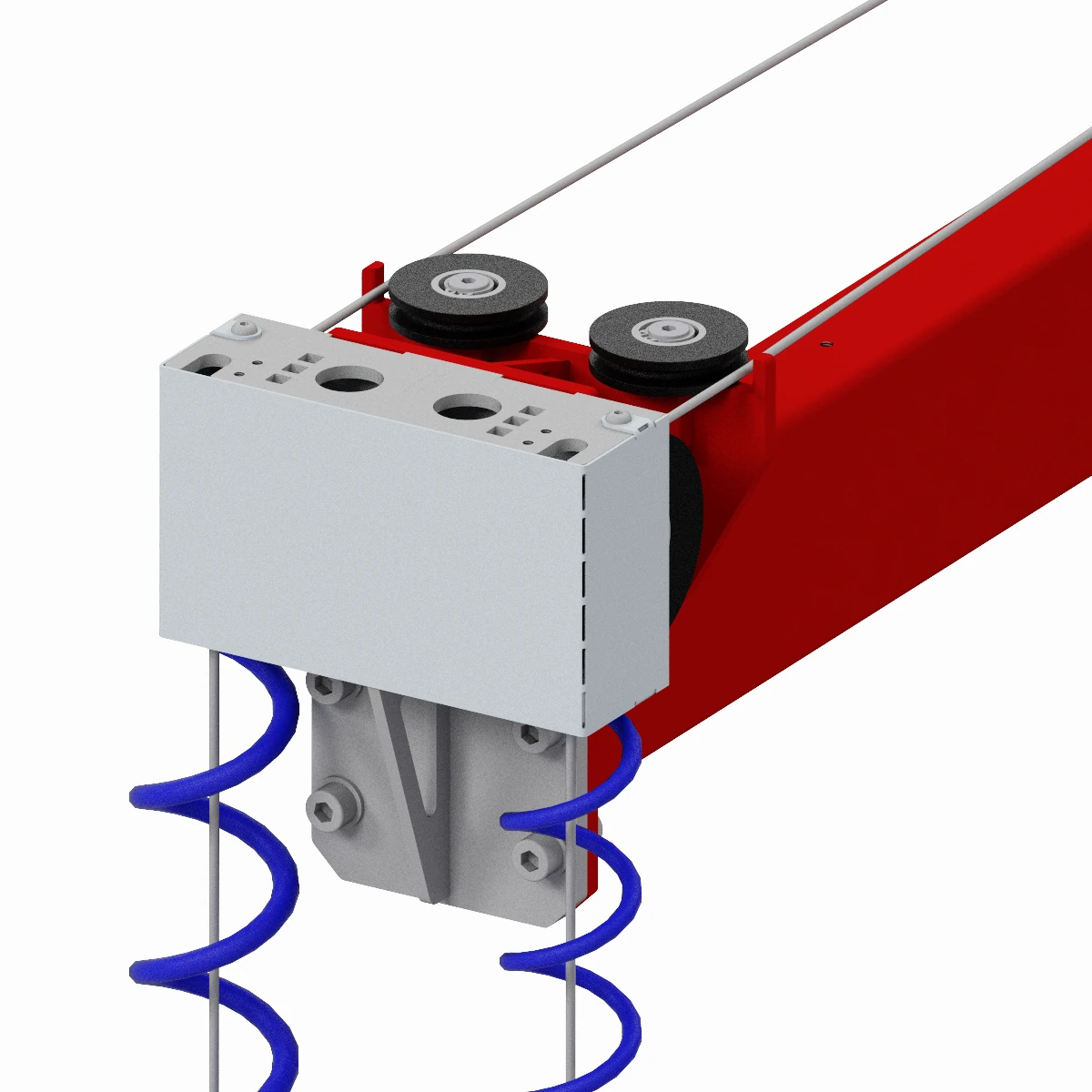 Ein Screenshot aus dem CAD welcher den doppelten Seilauslass mit Umlenkung eines HUSCH SEIL Manipulators zeigt