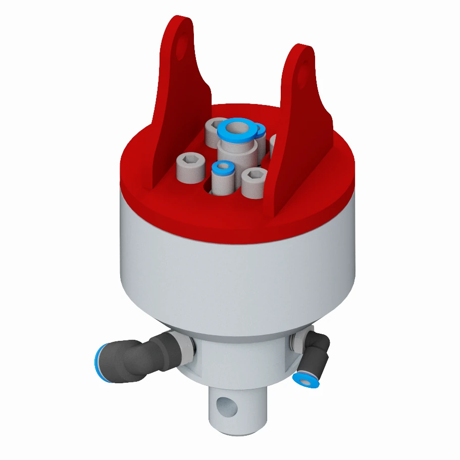 Ein Screenshot aus dem CAD welcher ein Drehlager mit Pneumatikanschlüssen für einen HUSCH SEIL Manipulator zeigt